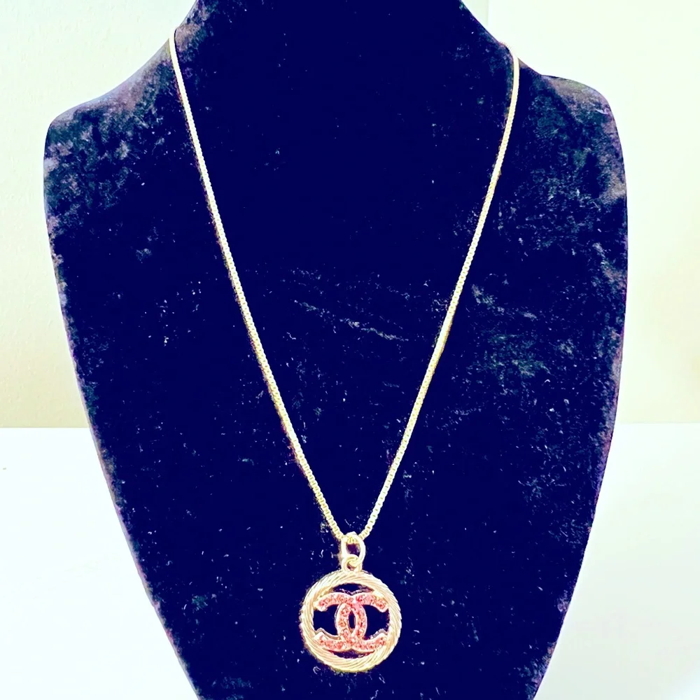 Gold and Pink Crystal CHANEL CC Charm and Necklace - Picture 1 of 4